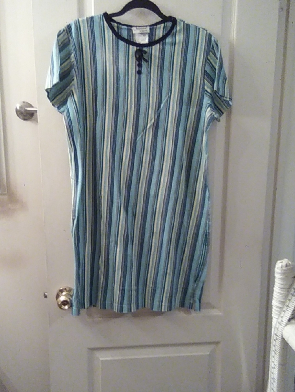 Striped Blue-Green Knit Dress with Tie Neck